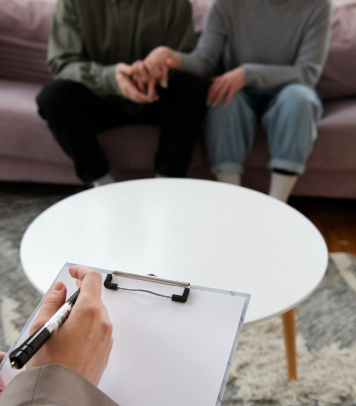 Consultation avec une psychothérapeute Psychothérapeute prenant des notes lors d’une séance avec un couple